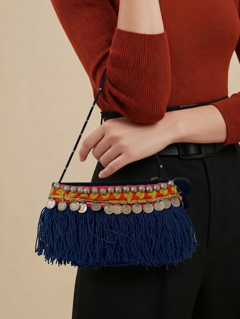 Elliot Mann Women Navy Fringe Coin-Embellished Clutch Handbag Multicolor Trim